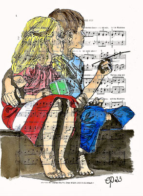 Hänsel und Gretel, "Brüderchen komm' tanz mir mir", September 2023 (aquarel op papier, bladmuziek, 21x29,7 cm)