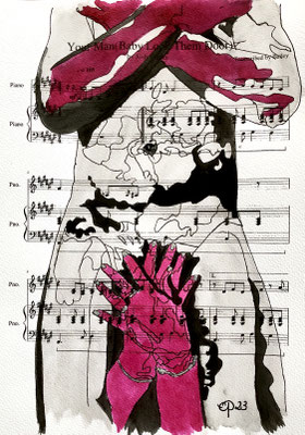 "Four hands I", September 1st, 2023 (aquarel on paper, sheet music, 21x29,7)