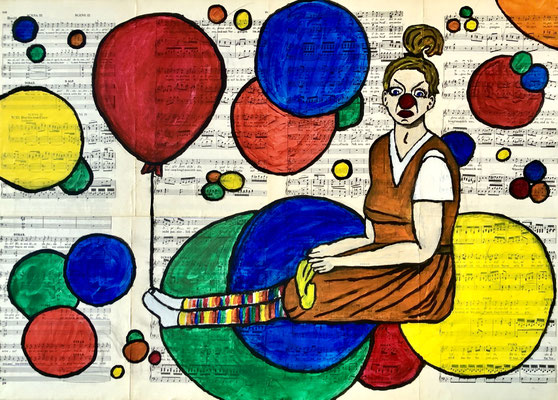 A visit to the CliniClowns VI, April 2023 (mixed media, acryl, 70 x 50 cm)