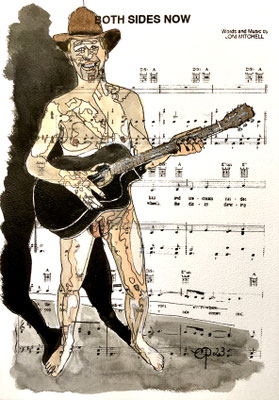 "Both side's now", September 1st, 2023 (aquarel on paper, sheet music, 21x29,7)