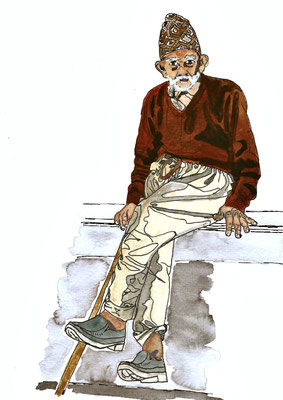 "Old man Nepal", photo Annemieke Tonnaer, May 2023 (aquarel on paper, 29 x 21,8)