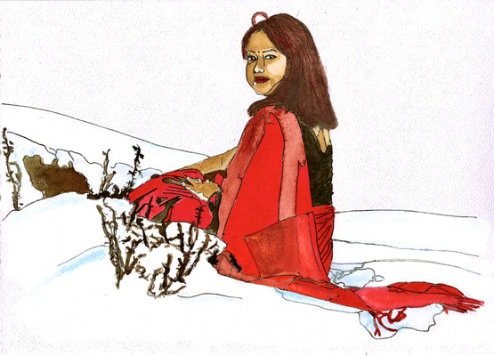 "Red girl Nepal", photo Annemieke Tonnaer, May 2023 (aquarel on paper, 29 x 21,8)