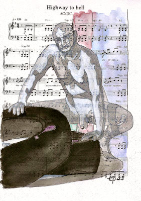 “Highway to hell”, Model: @artisticintentionsmodeling, July 2023 (acrylic and inkt on sheet music, 21x29,8)