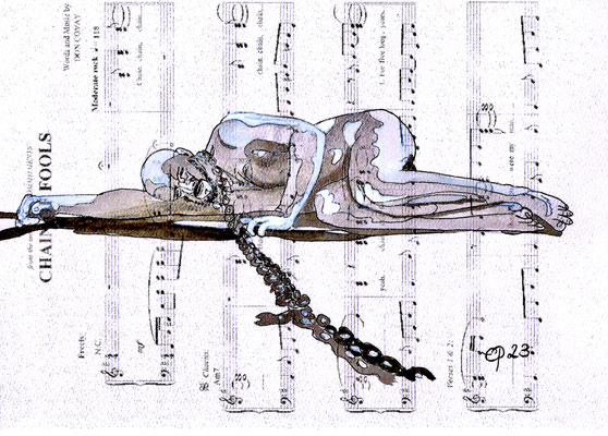 “Chain of fools”, Model: @artisticintentionsmodeling, July 2023 (acrylic and inkt on sheet music, 21x29,8)