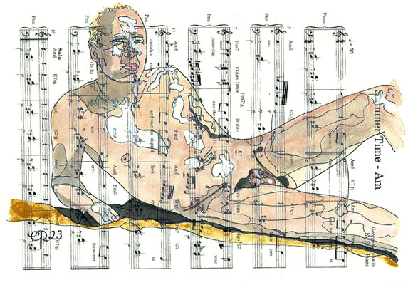 "Summertime", September 3rd, 2023 @leopold_model ( Aquarel on paper, sheet music, 21 x 29,7 cm)