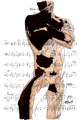"Man in the Box" May 9, 2024 (Aquarel on paper, sheet music, 21x29,7)