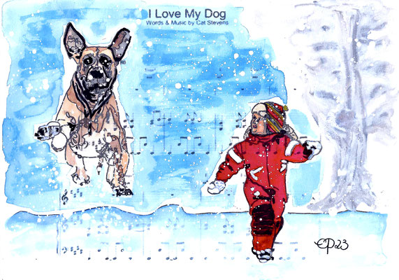 "I love my dog", December 10th, 2023 (aquarel on paper, sheet music, 21x29,7)