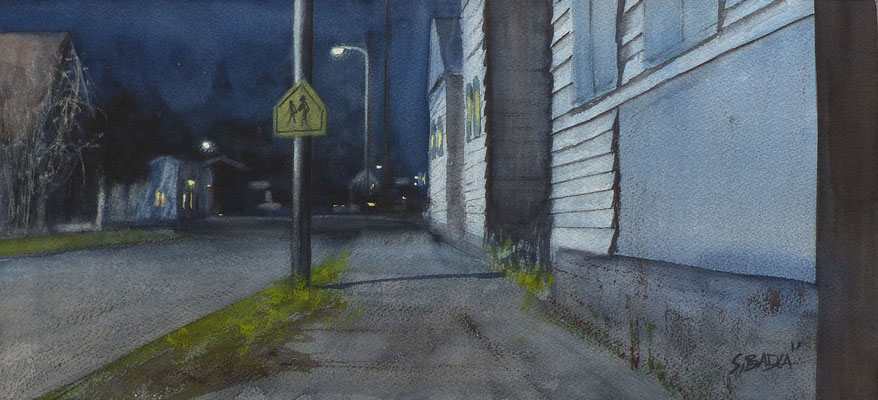 A street by night - aquarelle - 55 x 25 cm