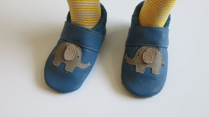 Jeansblau Krbbelschuhe Applikation Elefant in Grau