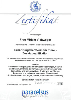 Zertifikat - Ernährungsberaterin für Tiere - Zusatzqualifikation Diätetik bei Erkrankungen