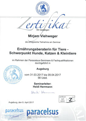 Zertifikat - Ernährungsberaterin für Tiere (Schwerpunkt Hunde, Katzen und Kleintiere)