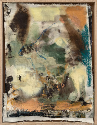 Anna Bittersohl | leicht anfassen | 2025 | Öl, Tusche, Acryl, Nesselstoff, genäht und getackert auf div. Papieren und Holz | 43,5 x 33,5 cm