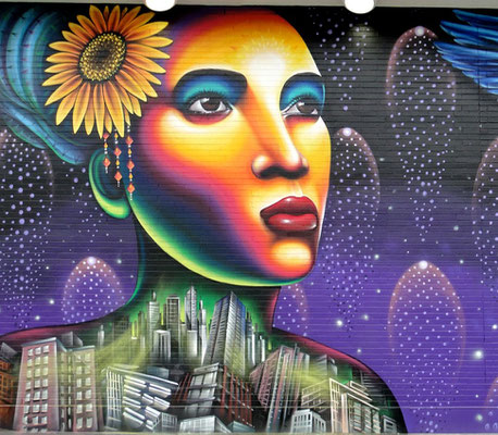 Regent Park Community Mural Detail. Celebrating the past and the future of the community and personifying its history with the themes of hope, strength, unity, multiculturalism, nature and city.