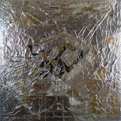 Explosion 破裂　acrylic,aluminum foil and metal on canvas.（900×900）