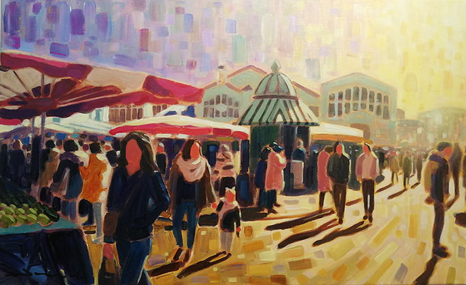 Le marché, 61x38 cm, acrylique sur toile, disponible