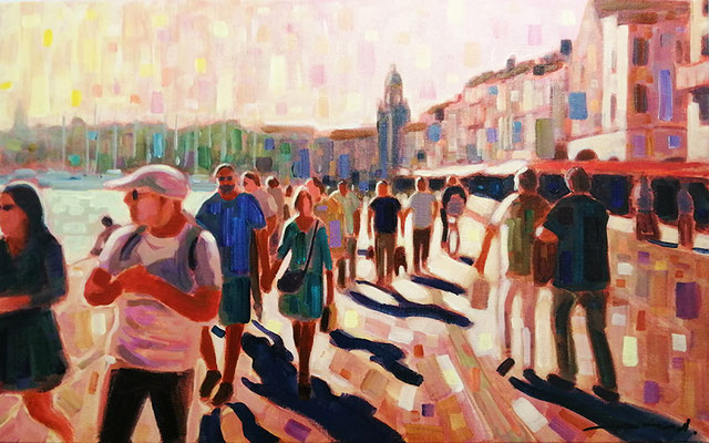 Promenade sur le port, 61x38cm, acrylique sur toile, disponible