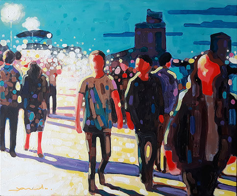 L'heure bleue sur le port, acrylique sur toile, disponible