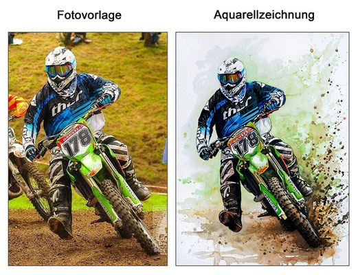 Aquarellzeichnung eines Motocrossfahrers (Aquarell & Aquarellstifte)