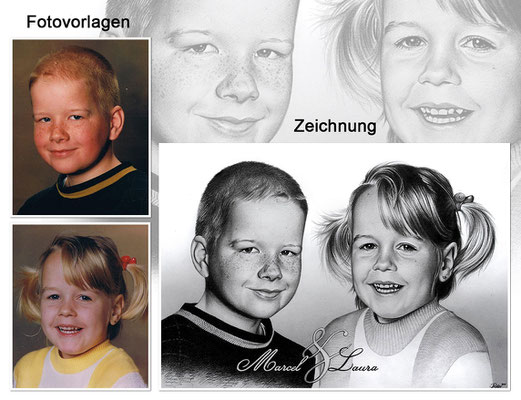 Portraitzeichnung von 2 Kindern mit Bleistift zusammengesetzt und mit Text (Vorlagen & Zeichnung)