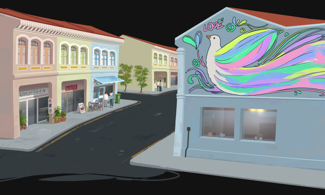 Animation-ready Assets und Worldbuilding für die Weltausstellung 2025 – Peter Bartels Concept Art, farbenfrohe Einkaufspassage mit großem Mural einer bunten Friedenstaube
