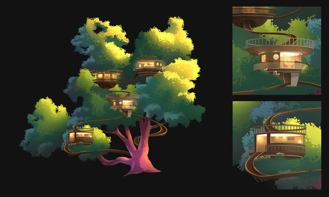 Animation-ready Assets und Worldbuilding für die Weltausstellung 2025 – Peter Bartels Concept Art, mit leuchtenden Farben illustrierter Baum, mehrere Baumhaus Mini-Appartements verbunden durch Treppen und Brücken im Baum, warmes Licht in Baumhäusern