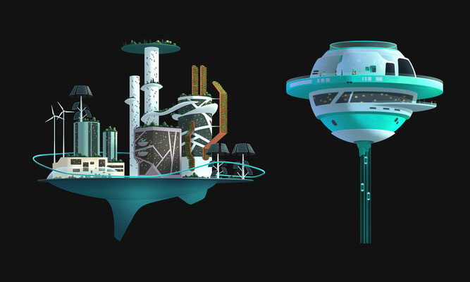 Animation-ready Assets und Worldbuilding für die Weltausstellung 2025 – Peter Bartels Concept Art, traumhafte Stadt der Zukunft auf schwimmender Insel und runder schwebender Bahnhof mit gläsernen Fahrstühlen