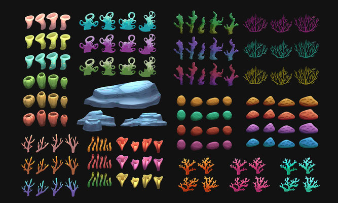 Animation-ready Assets und Worldbuilding für die Weltausstellung 2025 – Peter Bartels Concept Art, Asset Sheet mit vielen verschiedenen leuchtend farbigen Korallen und Unterwasserpflanzen