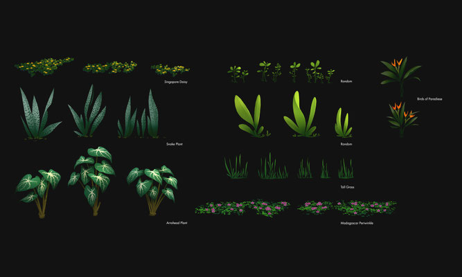 Animation-ready Assets und Worldbuilding für die Weltausstellung 2025 – Peter Bartels Concept Art, Asset Sheet mit vielen verschiedenen farbig illustrierten Grünpflanzen