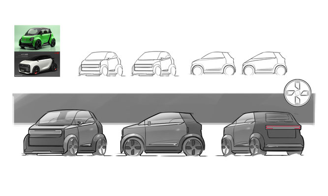 Lead Illustration Expo 2025 Osaka Singapur Pavillon – Visual Development von Peter Bartels Concept Art eines kleinen elektrischen öko Stadtautos, vehicle design sketches