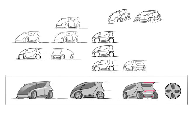 Lead Illustration Expo 2025 Osaka Singapur Pavillon – Visual Development von Peter Bartels Concept Art eines kleinen elektrischen öko Stadtautos, vehicle design sketches