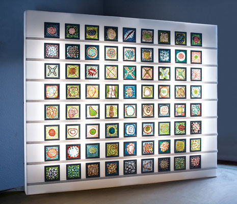 Zellkulturen 2015, Glasdias, Acryl, 7x7 cm, Leuchtkasten 100x80x8 cm