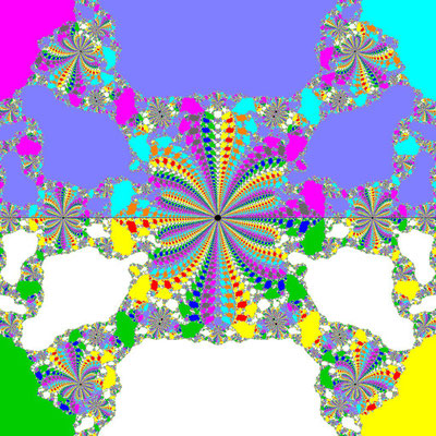 Basins of Attraction Polynom p10, nur komplexe Nullstellen, King-Verfahren, beta=0.72, B=[-5, 5]x[-5, 5]