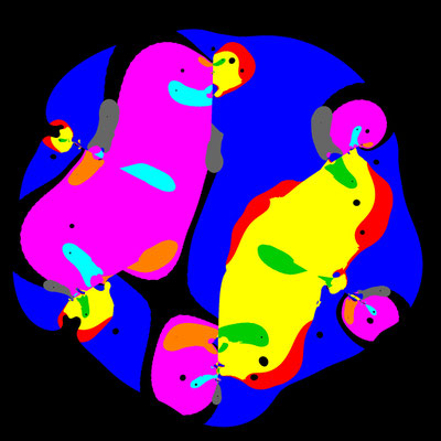 Basins of Attraction p8 mit 8 komplexen Koeffizienten, Kanwar-Verfahren, alpha=500, B=[-5, 5]x[-5., 5]