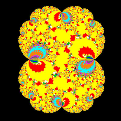 Basins of Attraction p9 nur komplexe Nullstellen, Chun-Neta-Verfahren, B=[-60, 130]x[-95, 95]