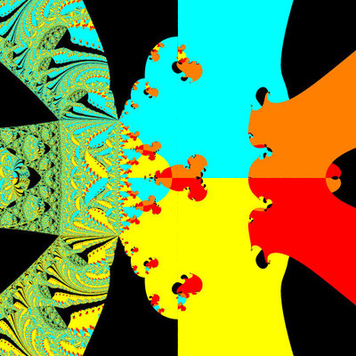 Basins of Attraction Polynom Grad 8, nur komplexe Nullstellen, Ridders-Verfahren, neg. square root, B=[-3, 3]x[-3, 3]