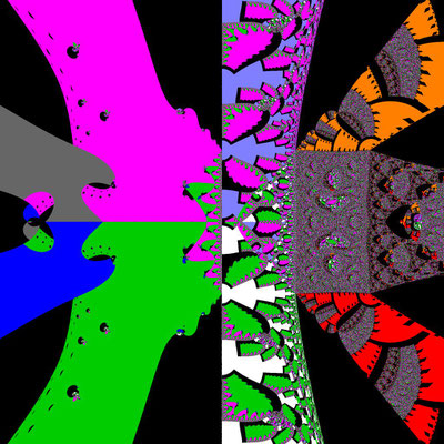 Basins of Attraction p10, nur komplexe Koeffizienten, Ridders-Verfahren, pos. square root, B=[-3, 3]x[-3, 3]