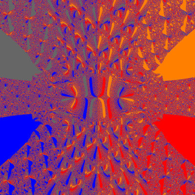 Basins of Attraction Polynom Grad 8, nur komplexe Nullstellen, Saaed-Aziz 04-Verfahren, pos. square root, B=[-3, 3]x[-3, 3]