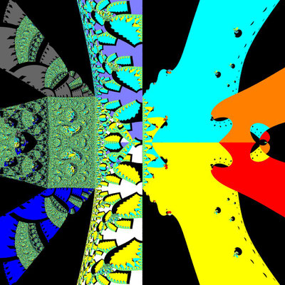 Basins of Attraction p10, nur komplexe Koeffizienten, Ridders-Verfahren, neg. square root, B=[-3, 3]x[-3, 3]