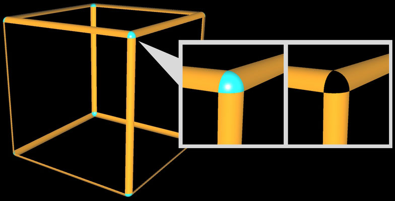 Spielwürfel mit Kanten als Viertelzylinder und Ecken als Achtelkugeln