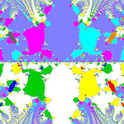 Basins of Attraction p10, nur komplexe Koeffizienten, Tiruneh-Verfahren, B=[-2.5, 2.5]x[-2.5, 2.5]