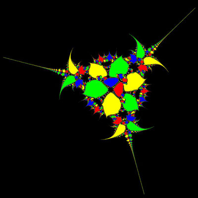 Basins of Attraction z^4-1=0 Sekanten-Verfahren, z1=(-1.5, 1.5), B=[-18, 14]x[-14, 18]