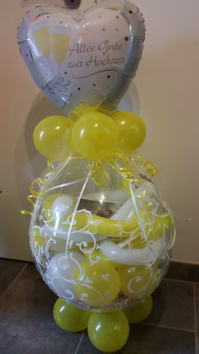           Verpackungsballon Sektglas und Tüll gelb-weiß. - 25,00€