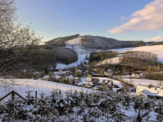 Blick ins Tal aufs Dorf und den Henneberg