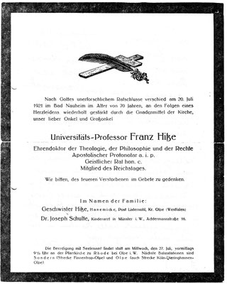 Todesanzeige Prälat Franz Hitze 