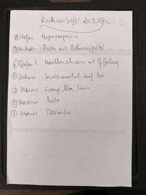 Der heutige Speiseplan - weil Marcus Gastgeber ist, darf er 2 Gerichte zubereiten