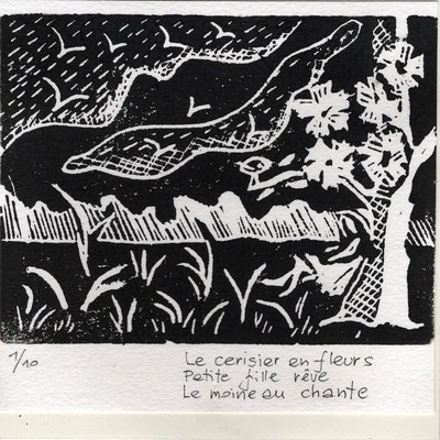 La petite  fille rêve -gravure et haïku) - 5 €