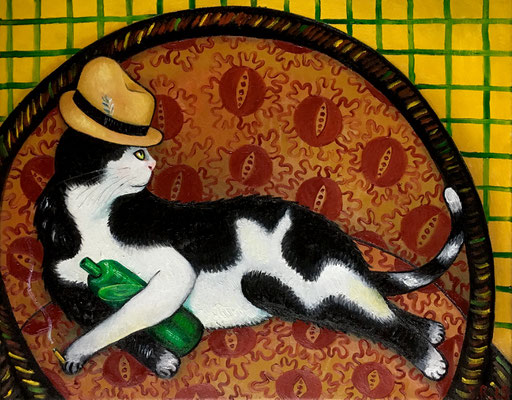 Kater mit Borsalino / 40 x50 cm. Öl auf Leinwand, © Sonja Rieser 2019