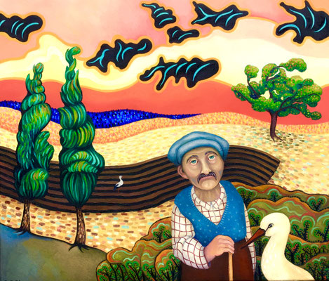 Der alte Mann und der Storch. Öl auf Leinwand, 60x70 cm. ©Sonja Rieser 2021