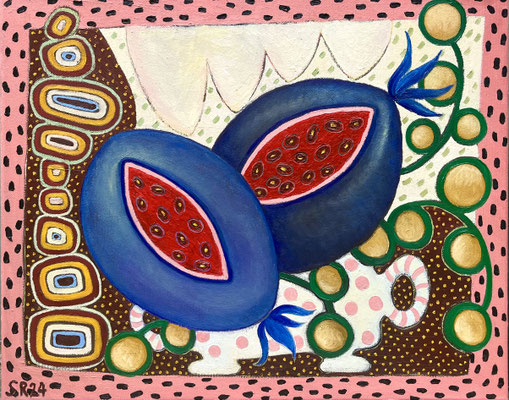 blaue Melonen, 40x50 cm. Öl und Kreide auf Leinwand ©Sonja Rieser 2024