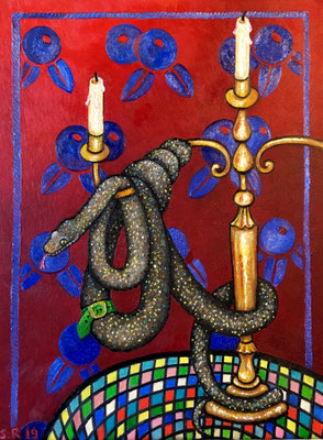Verkauft. Schlange mit Gürtel. Öl auf Leinwand, © Sonja Rieser 2019